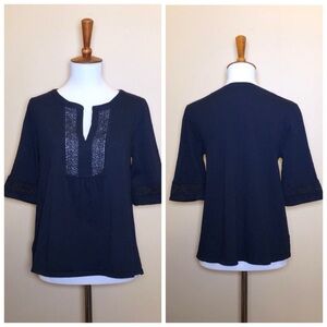 Ann Taylor LOFT lacey top Boho Whimsygoth Bohemian shirt Size M Navy blue cotton